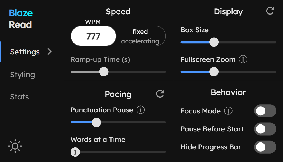 Blaze Read Settings Panel (Dark)