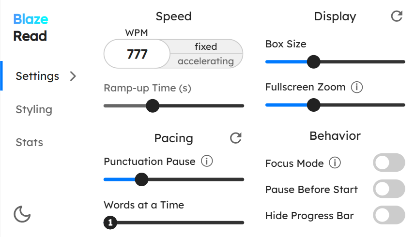 Blaze Read Settings Panel (Light)